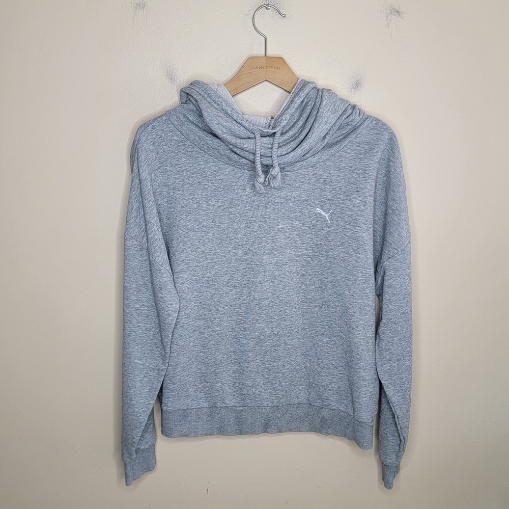 Puma Gray Long Sleeve Cowl Neck Hooded Cropped Sweatshirt Size Medium